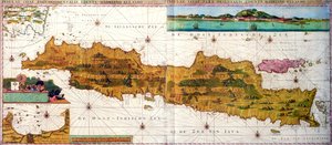 Insulae lavae ، خريطة كبيرة قابلة للطي لجاوة مع شكلين داخليين يصور كلاهما مناظر لهولندية باتافيا (جاكرتا) ، نشرها جيرارد فان كيولين ، أمستردام ، حوالي عام 1715 (نقش ملون) بواسطة أدريان ريلاند
