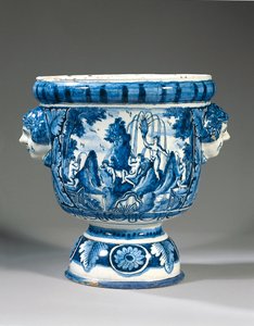 جرة حديقة أسطورية ذات مقبضين باللونين الأزرق والأبيض من ديلفت بواسطة Adriaen (fl. 1868 d.1701) (attr.to) Kocks