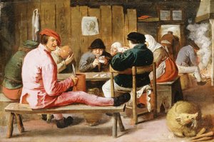 Boors تدخين وشرب على طاولة في حانة ، c.1625 بواسطة أدريان بروير