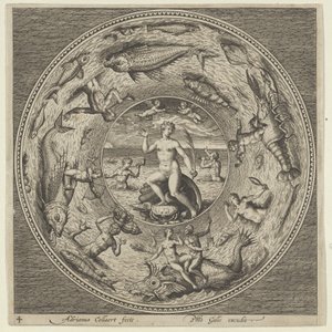 تصميم لصفيحة مع Galatea على صدفة يحيط بها عازفون في حدود ميدالية ... ، 1600. بواسطة أدريان كوليرت