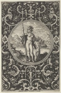 Minerva في إطار زخرفي مع Grotesques ، من دينونة باريس ، 1580-1600. بواسطة أدريان كوليرت