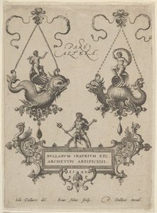 لوحة عنوان ذات تصميمين معلقين أعلاه ونبتون واقفًا على خرطوش بالأسفل ، 1582. بواسطة أدريان كوليرت