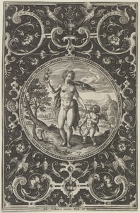 فينوس وكوبيد في إطار زخرفي مع غروتسك ، من دينونة باريس ... ، 1580-1600. بواسطة أدريان كوليرت