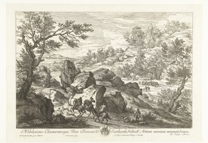 منظر طبيعي مع فرسان عند نتوء صخري المناظر الطبيعية مع الصيادين (عنوان المسلسل) بواسطة Adam Frans van der Meulen