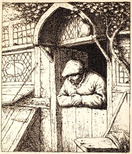 رجل متكئ على بابه ، حوالي 1672 (حفر) بواسطة أدريان جانز. فان أوستاد