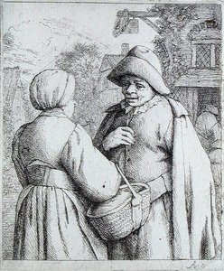 رجل وامرأة يتحدثان (engraving) بواسطة أدريان جانز. فان أوستاد
