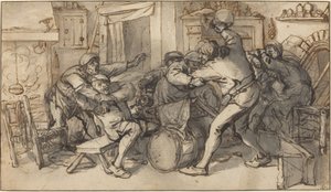 فلاحون يتقاتلون في حانة بواسطة Adriaen van Ostade و Cornelis Dusart