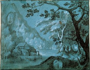 المناظر الطبيعية مع مطحنة بالقرب من بحيرة جبلية ، c1610-c1620s