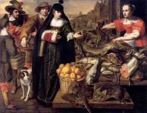 سيدة في سوق السمك في أنتويرب ، 1630-1640. بواسطة أدريان فان أوترخت