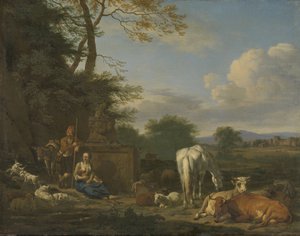 منظر أركادي مع رعاة وحيوانات يستريحون ، 1664 (زيت على قماش على لوحة) بواسطة أدريان فان دي فيلدي