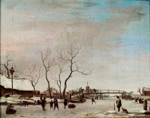 Riviere gelee with skaters Painting by Adriaen Van de Velde le jeune (1636-1672) 1668 Dim. 23x30 cm Paris, Musee du Louvre بواسطة أدريان فان دي فيلدي