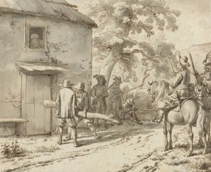 الجنود يجبرون الباب ، 1669 (رسم بالقلم والحبر) بواسطة أدريان فان دي فيلدي