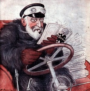 صورة للملك إدوارد السابع ملك إنجلترا (1841 - 1910) يقود سيارته. رسم بواسطة A. Barrère. "انا أعرف كل شيء." بواسطة أدريان باريري