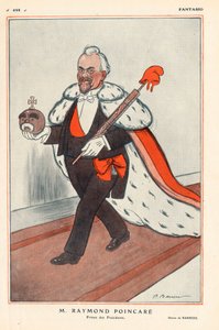 رئيس الجمهورية الفرنسية ريموند بوينساري (1860-1934) أمير الرؤساء (رسم كاريكاتوري في الملك) ، يحمل رموز الجمهورية (التي يعلوها شعاع من الرسام بغطاء فريجاني) - في "Fantasio" " بتاريخ 01/02/1913 - رسم توضيحي لـ بواسطة أدريان باريري