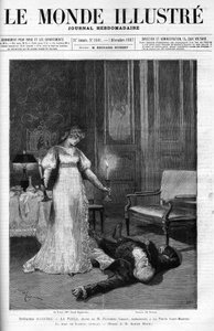 The Death of Scarpia (Monsier Berton) ، رسم توضيحي للفصل 4 من "Tosca" مع سارة برنهارد في دور La Tosca ، غلاف "Le monde Illustre" بواسطة أدريان إيمانويل (بعد) ماري