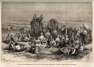 قافلة من المورمون الجدد في طريقهم إلى بحيرة سال ، في معسكرها في الصحراء ، نقشًا بعد رسم ماري ، يوضح الرحلة من واشنطن إلى سان فرانسيسكو في عام 1868 ، بقلم إل سيمونين ، نُشر في "" Le tour du monde " "" 1874 ، حرره إدوارد بواسطة أدريان إيمانويل ماري