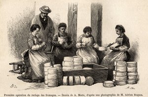 أول عملية لكشط الجبن ، بعد ثمانية أيام من الخمرة ، تتم إزالة الجزء السفلي الذي نما على سطح الجبن للسماح بتلامس أفضل مع الهواء النقي للقبو ، والذي يتم إزالته ، ويستخدم لإطعام الماشية ، النقش في الخلف بواسطة أدريان إيمانويل ماري