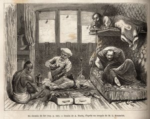 The interior of an East Indian Railway railway bed wagon, on the route to Azimgange, in a large compartment, a removable berth and a washroom, as well as the staff of the car who oversees the comfort of the passengers, available to wax boots, prepare hot d بواسطة أدريان إيمانويل ماري
