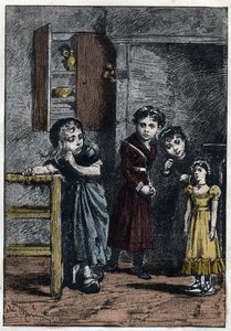 ابنتا ثيناردييه ، إيبونين وأزيلما ، تنظران إلى كوزيت التي تلقت دمية كاثرين - رسم أدريان ماري (1848-1891) عن فيلم "البؤساء - الجزء الثاني: كوزيت" بقلم فيكتور هوغو (1802-1885) 1862