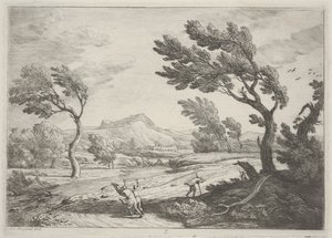 منظر طبيعي مع مسافرين في رياح شديدة ، حوالي 1753 (حفر)