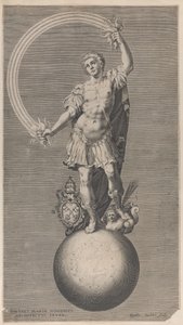 صورة رمزية لمحارب يقف على كرة أرضية مع شعار النبالة البابوي أ ... ، كاليفورنيا. 1588-1629.