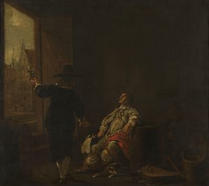 لافتة لمتجر النبيذ ، مع تذوق النبيذ من جانب و Barreling the Wine من الجانب الآخر بواسطة إيلبرت كويب (دائرة)