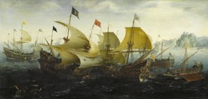 معركة قادس السفن الهولندية والإنجليزية تهاجم أرمادا الإسبانية ، 1608 بواسطة Aert Anthonisz