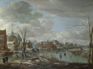 نهر متجمد بالقرب من قرية ، مع لاعبي الغولف والمتزلجين ، ج. 1647-1648 بواسطة Aert van der Neer