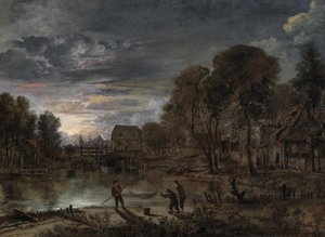 منظر طبيعي ليلي به صيادون. بواسطة Aert van der Neer