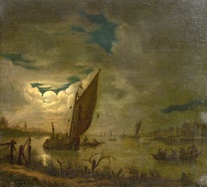 مشهد النهر مع القوارب والأشكال (زيت على خشب) بواسطة آرت فان دير (منتحل شخصية) نير