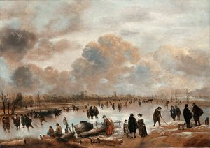 منظر شتوي مع متزلجين وتاونسفولك على ممر مائي مجمد بواسطة Aert van der Neer
