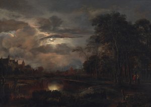 منظر طبيعي مقمر مع جسر بواسطة Aert van der Neer