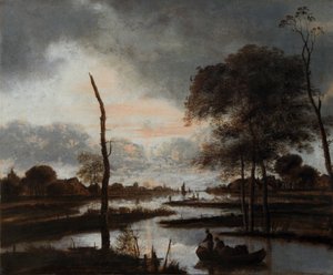 إطلالة على النهر: مساءً (زيت على قماش) بواسطة Aert van der Neer