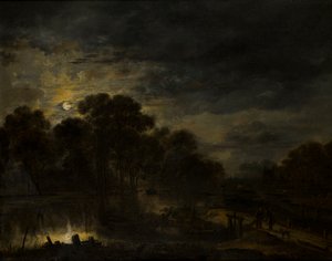منظر طبيعي للنهر بضوء القمر ، 1623-77 (زيت على قماش) بواسطة Aert van der Neer