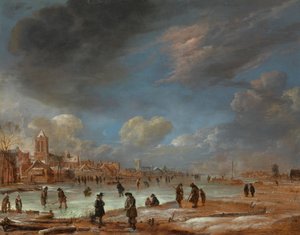منظر طبيعي شتوي بالقرب من بلدة مع Kolf Players بواسطة Aert van der Neer
