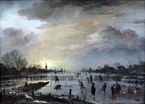 المناظر الطبيعية الشتوية مع المتزلجين بواسطة Aert van der Neer