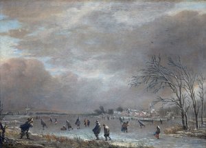 منظر طبيعي شتوي مع المتزلجين على نهر متجمد (زيت على لوح) بواسطة Aert van der Neer
