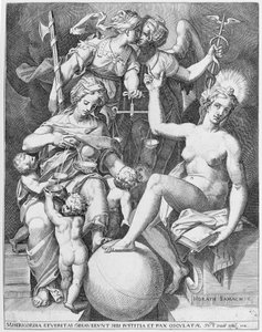 رمزية لمزمور داود ، Misericordia جالسًا إلى اليسار يطعم أربعة أطفال مع ... ، 1579. بواسطة بعد اجوستينو كاراتشي.
