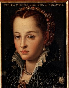 صورة لوكريزيا دي ميديشي (أو لوكريزيا دي كوزيمو دي ميديشي أو لوكريس دي ميديشي) (1545-1561) لوحة ألوري أنجيلو دي كوزيمو ديت برونزينو (1503-1572) - القرن السادس عشر قاتم 15 × 12 سم قصر ميديشي ريكاردي (ميديشي ريكاردي) فلورنسا بواسطة أغنولو برونزينو