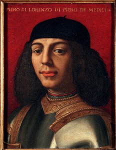 صورة بيتر الثاني من ميديتشي (1472-1503) (بييرو دي لورنزو دي ميديشي أو بييرو المؤسف) سياسي وعسكري إيطالي ، ابن لوران اللوحة الرائعة التي رسمها أنولو ألوري المسمى برونزينو (1503-1572) ، زيت على النحاس Dim 15x12 سم قصر م بواسطة أغنولو برونزينو