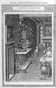 نافورة بها طيور مزيفة تغني. هذا مشروع من إعداد Agostino Ramelli ، وفقًا لـ "" Diverse and Artificiosis Machine "". ميلان 1600. بواسطة اجوستينو (بعد) راميللي