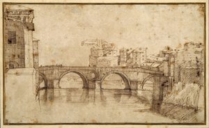 The Isola Tiberiana, Rome (pen & brown ink on paper) بواسطة Agostino (Attr. To) Carracci