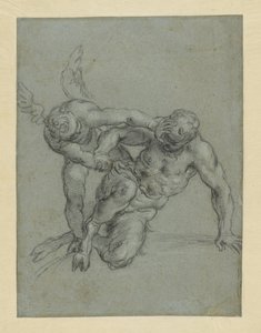 كيوبيد يتغلب على بان (الوجه)؛ رأس راهب؛ رسم كاريكاتوري لرجل في صورة جانبية (الوجه) بواسطة أغوستينو كاراتشي