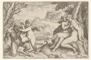 الحب ينتصر على Omnia vincit Amor ، في صراع مع satyr Amyr يضع Kn kn اليمنى ... ، 1599.