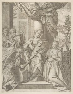 الزواج الصوفي للقديسة كاترين التي تجلس في المركز مع الطفل المسيح ، الملائكة مع ... ، 1585. بواسطة أغوستينو كاراتشي