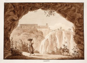 الشلالات في تيفولي ، 1833 (النقش بغسل بني) بواسطة اجوستينو توفانيلي