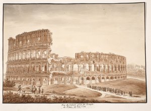 منظر الكولوسيوم من معبد فينوس ، 1833 (النقش بغسل بني) بواسطة اجوستينو توفانيلي