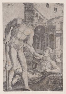 رجل يساعد آخر على قدميه ، كاليفورنيا. 1514-36. بواسطة أغوستينو فينيزيانو