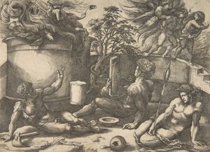 قابيل يحمل مرآة يشاهد تضحيته وهي تبتلع النيران ، آدم وحواء يجلسان ... ، كاليفورنيا. 1530-50. بواسطة أغوستينو فينيزيانو