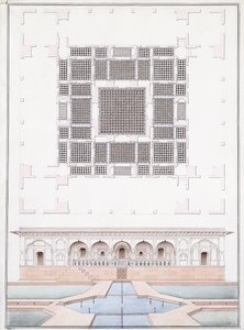 ارتفاع الواجهة الجنوبية وقصر حديقة سوراج بهاوان في حفر ، حوالي عام 1830 (قلم رصاص وقلم وحبر رمادي وألوان مائية) بواسطة مدرسة اجرا